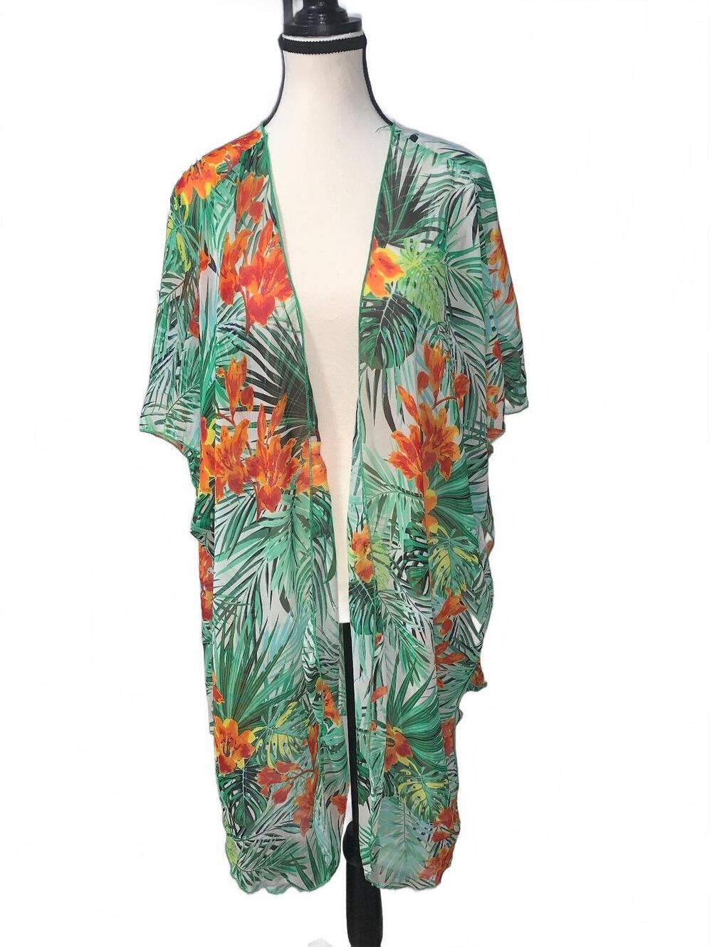 Try This Tropical Floral Kimono Cardigan Lightweight Sheer Cover-Up